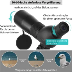 LMJK Spektiv 20-60x60 Zoom Inkl. Handyhalterung Und Vollwertigem Stativ, Hochauflösendes Zoomteleskop Für Vogelbeobachtung, Schießen Bzw. Jagd, Schwarz -Smart Kitchen Store 9e5aa444cad7e293f95ae296af7d2723