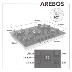 AREBOS Gaskochfeld 5 Flammen, Glaskeramik, Inkl. Topfträger & Zündsicherung, Autark, Geeignet Für Erdgas Oder Propangas, Gasherd, Gaskocher 21 AREBOS Gaskochfeld 5 Flammen, Glaskeramik, Inkl. Topfträger & Zündsicherung, Autark, Geeignet Für Erdgas Oder Propangas, Gasherd, Gaskocher -Smart Kitchen Store a324e127e20fe98606ae549bd90c57aa