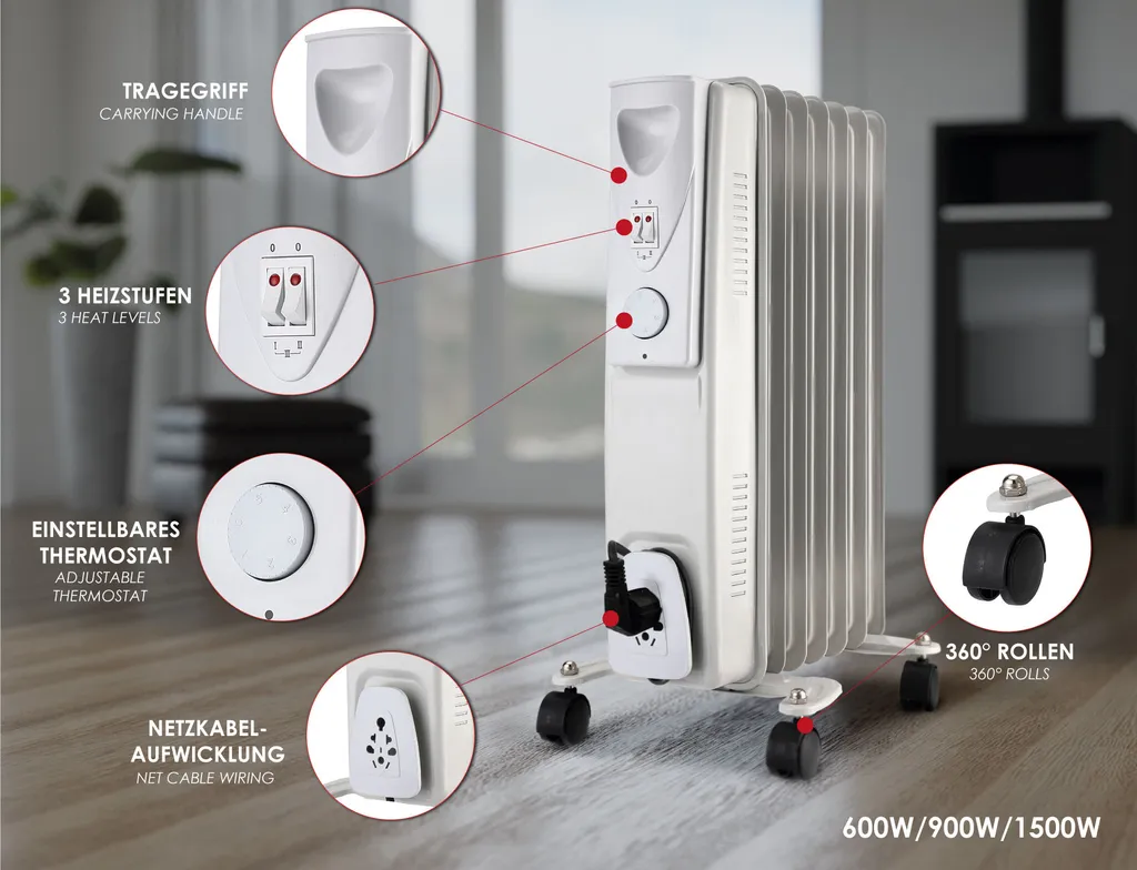 Ölradiator Elektro Heizung 1500W - 6 Rippen - Lamellen Heizkörper Radiator Öl Heizer Elektrisch 4 Ölradiator Elektro Heizung 1500W - 6 Rippen - Lamellen Heizkörper Radiator Öl Heizer Elektrisch – Bild 2