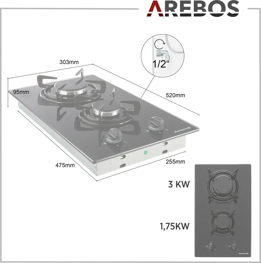 AREBOS Gaskochfeld 2 Flammen, Glaskeramik, Inkl. Topfträger & Zündsicherung, Autark, Geeignet Für Erdgas Oder Propangas, Gasherd 12 AREBOS Gaskochfeld 2 Flammen, Glaskeramik, Inkl. Topfträger & Zündsicherung, Autark, Geeignet Für Erdgas Oder Propangas, Gasherd – Bild 10
