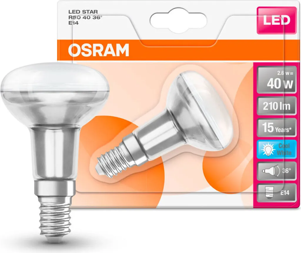 Osram LED Leuchtmittel R50 Glas Reflektor 2,6W = 40W E14 Matt 210lm Neutralweiß 4000K 36° 6 Osram LED Leuchtmittel R50 Glas Reflektor 2,6W = 40W E14 Matt 210lm Neutralweiß 4000K 36° – Bild 4