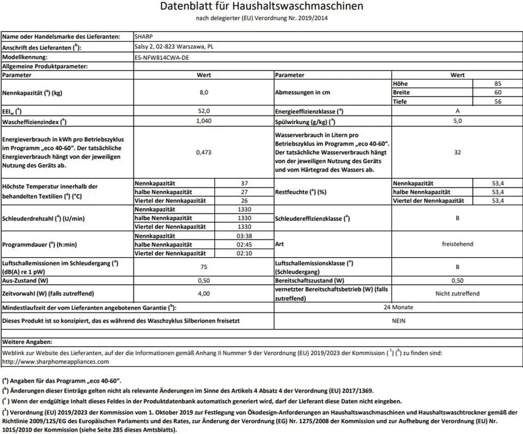 Sharp - ES-NFW814CWA-DE - Waschmaschine - 8 Kg 12 Sharp - ES-NFW814CWA-DE - Waschmaschine - 8 Kg – Bild 10