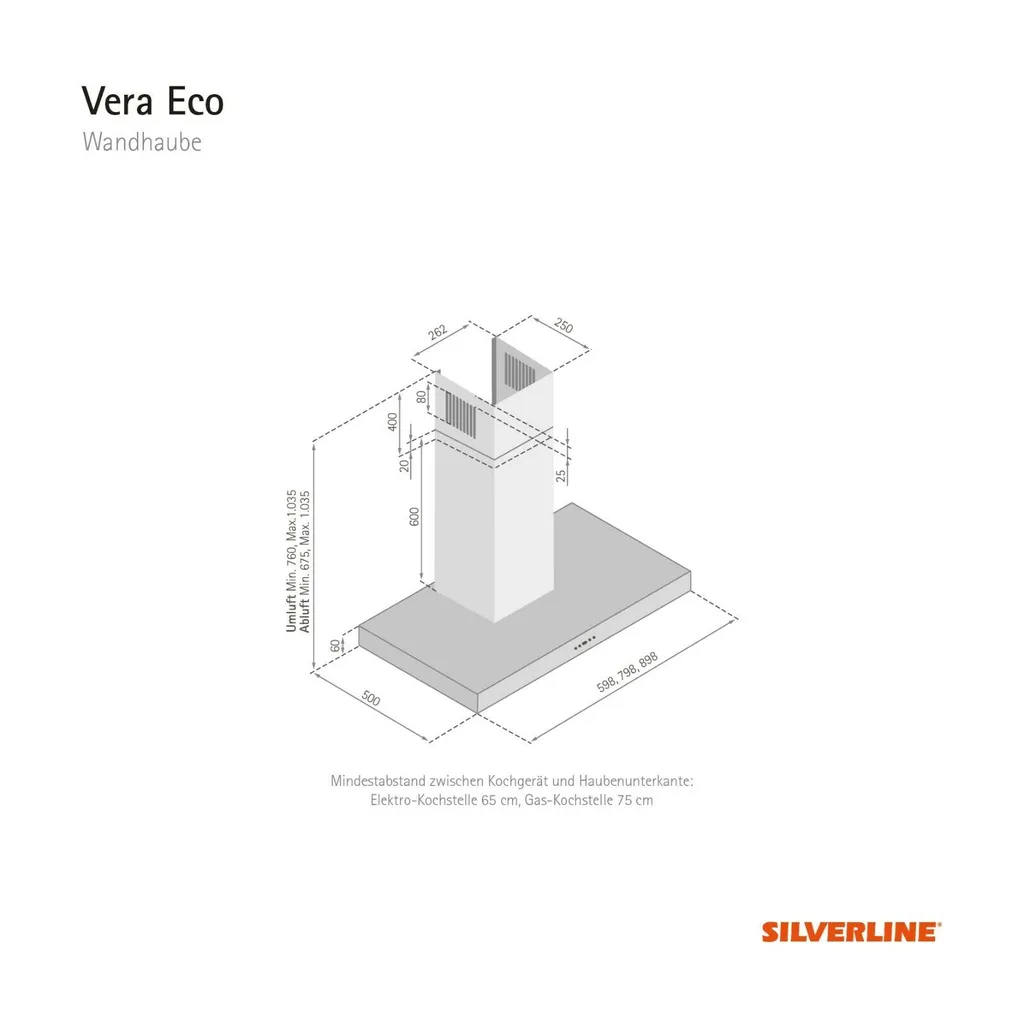 Silverline VEW 900 E Vera Eco 90cm, 800m3/h Freiblasend Edelstahl, Wandhaube, 4 Silverline VEW 900 E Vera Eco 90cm, 800m3/h Freiblasend Edelstahl, Wandhaube, – Bild 2