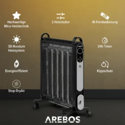 AREBOS Mica Konvektor 2000 W | Wärmewellenheizer | Elektroheizung | Konvektor-Heizung | Mobile Elektroheizung Energiesparend | Leise Heizung | Mobiler Elektro Heizlüfter Mit 2 Heizstufen | Schwarz -Smart Kitchen Store c082b14c0d0f3509bb8aae4bc77e678c