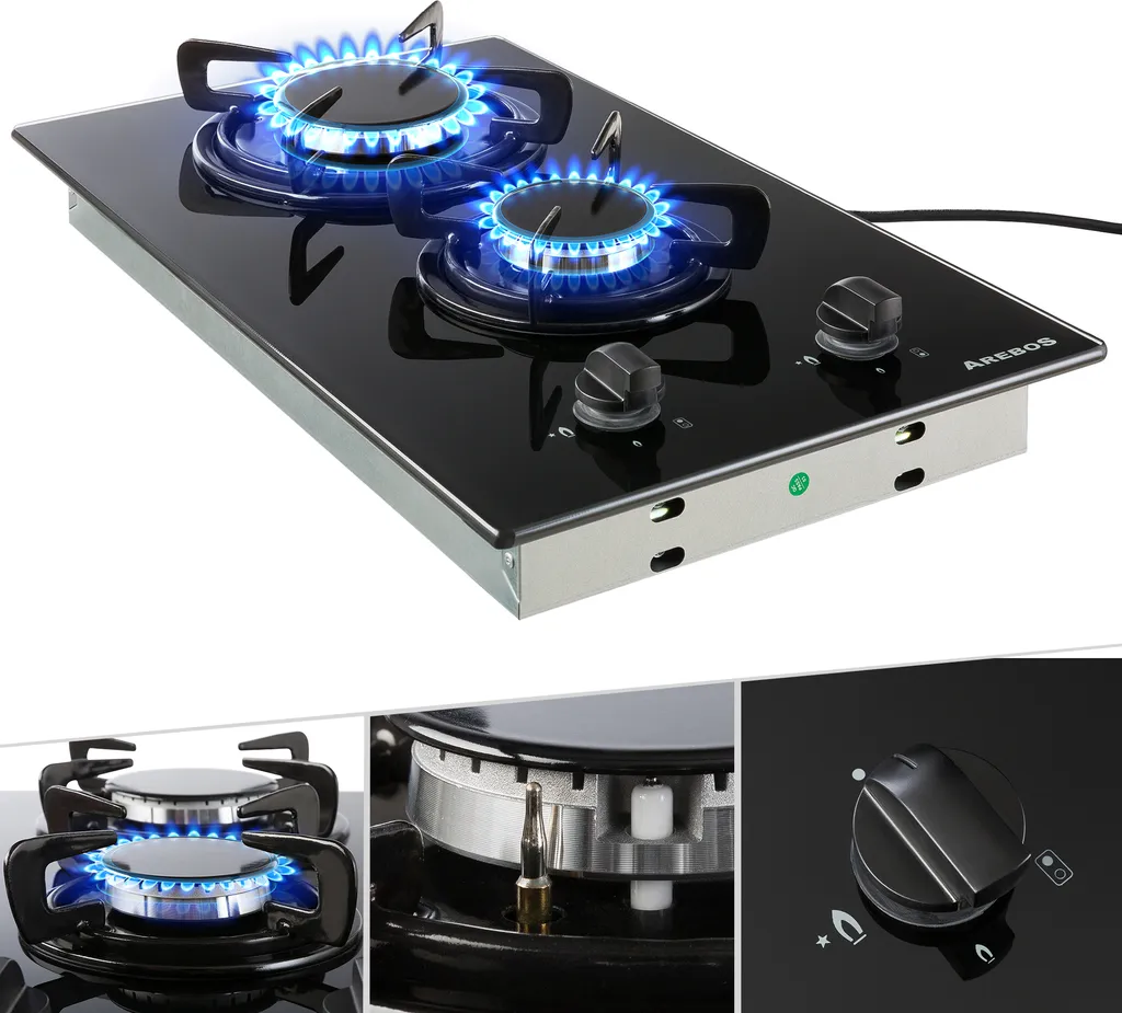 AREBOS Gaskochfeld 2 Flammen, Glaskeramik, Inkl. Topfträger & Zündsicherung, Autark, Geeignet Für Erdgas Oder Propangas, Gasherd 3 AREBOS Gaskochfeld 2 Flammen, Glaskeramik, Inkl. Topfträger & Zündsicherung, Autark, Geeignet Für Erdgas Oder Propangas, Gasherd