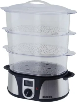 H.Koenig Elektro-Dampfgarer Ohne BPA 12 Liter, 3 Herausnehmbare Behälter, 1000 W, Timer Bis Zu 60 Minuten VAP12, Kunststoff, Metall, Single 16 H.Koenig Elektro-Dampfgarer Ohne BPA 12 Liter, 3 Herausnehmbare Behälter, 1000 W, Timer Bis Zu 60 Minuten VAP12, Kunststoff, Metall, Single -Smart Kitchen Store ce97525da7672e65c2960930f636a27e