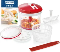 Genius Nicer Dicer Twist Universalzerkleinerer 9-tlg Rot - Gemüseschneider Manuell Mit Seilzug, Salatschleuder & Sieb 1000ml; A29188