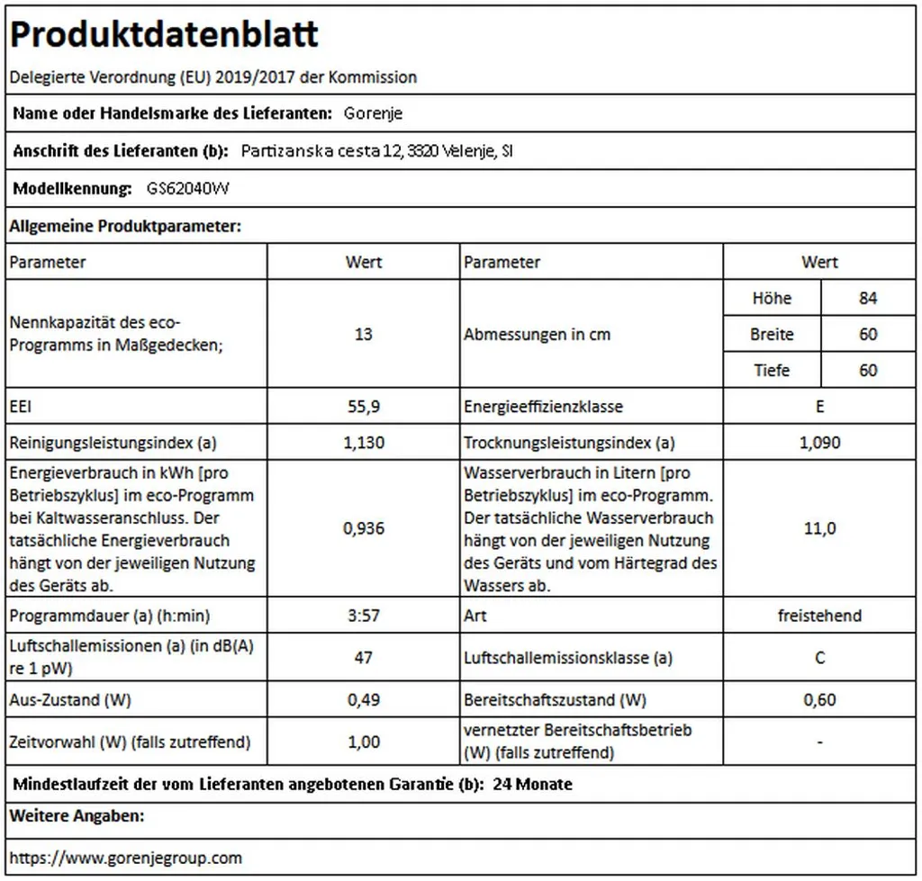 Gorenje GS 62040 W Geschirrspüler Freistehend 60cm Weiß - 13 Maßgedecke - 5 Programme - AquaStop - Edelstahlbottich - Selbstreinigender Filter - Multifunktionaler Unterkorb - 3 In 1 Funktion 7 Gorenje GS 62040 W Geschirrspüler Freistehend 60cm Weiß - 13 Maßgedecke - 5 Programme - AquaStop - Edelstahlbottich - Selbstreinigender Filter - Multifunktionaler Unterkorb - 3 In 1 Funktion – Bild 5