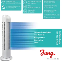 JUNG TVE21 Ventilator 76cm Weiss - Leise Turm-lüfter Lautstärke Max 48dbA, Turmventilator ENERGIESPAREND 0,05 KW/h,3 Stufen,75° Oszillierend Drehend [Energieklasse A+] -Smart Kitchen Store da06264cfd49ffad59542416dd0d3ae5