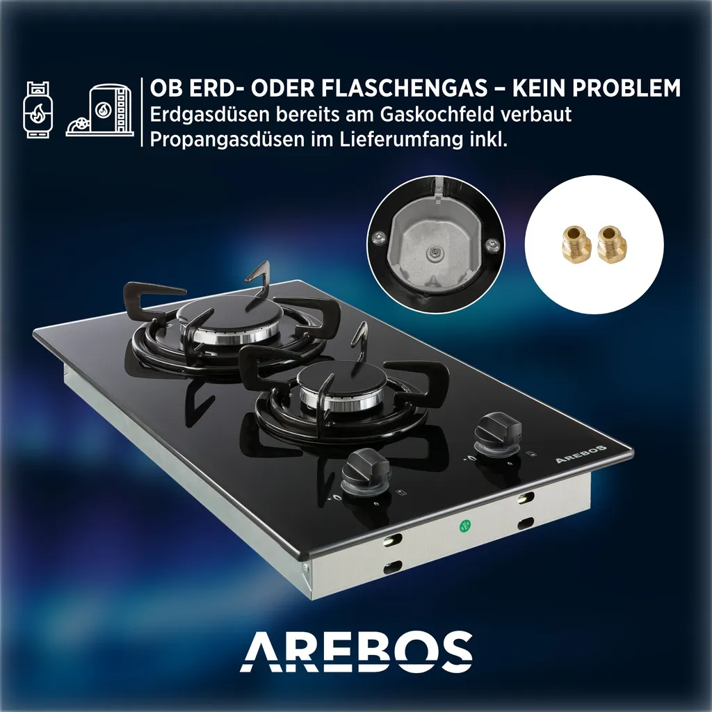 AREBOS Gaskochfeld 2 Flammen, Glaskeramik, Inkl. Topfträger & Zündsicherung, Autark, Geeignet Für Erdgas Oder Propangas, Gasherd 10 AREBOS Gaskochfeld 2 Flammen, Glaskeramik, Inkl. Topfträger & Zündsicherung, Autark, Geeignet Für Erdgas Oder Propangas, Gasherd – Bild 8