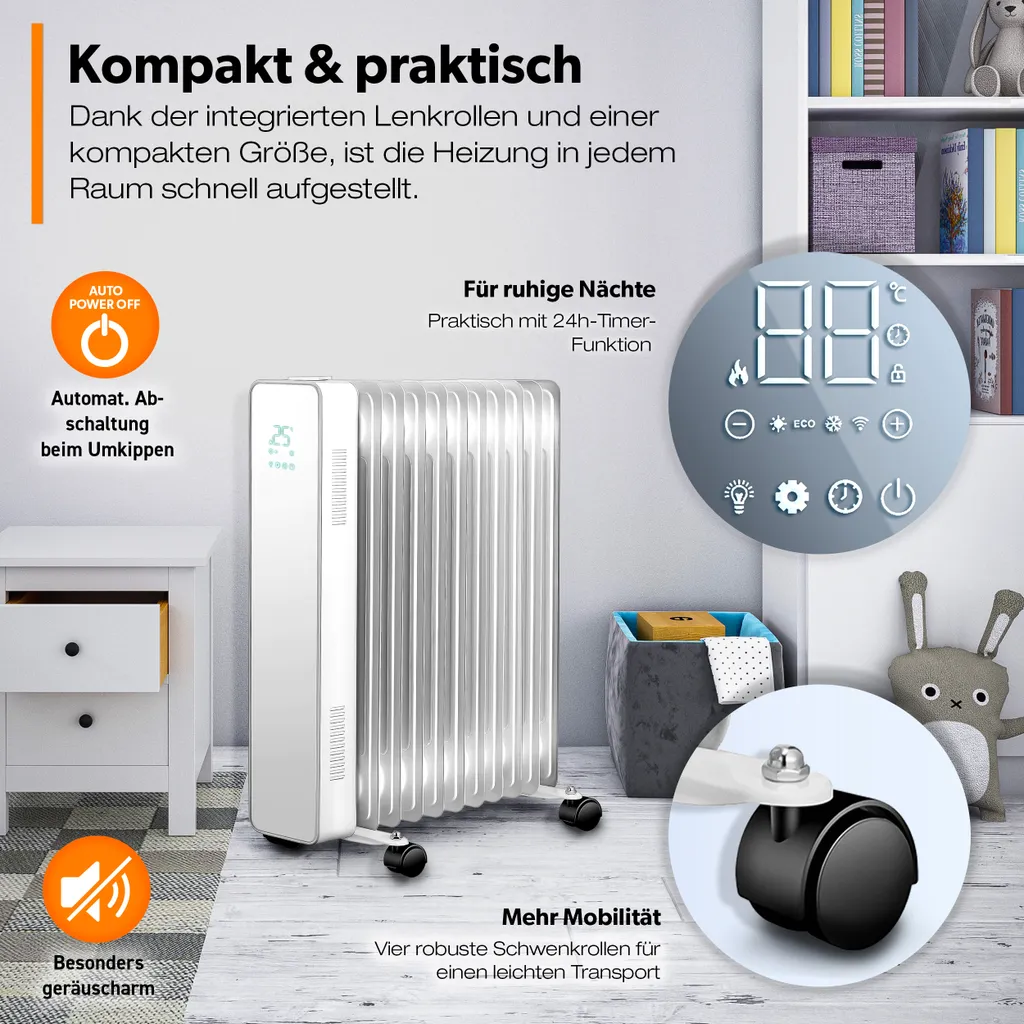 TRESKO® Ölradiator Weiß 2500W Elektroheizung Radiator Öl Heizkörper Heizung Timer 9 TRESKO® Ölradiator Weiß 2500W Elektroheizung Radiator Öl Heizkörper Heizung Timer – Bild 7