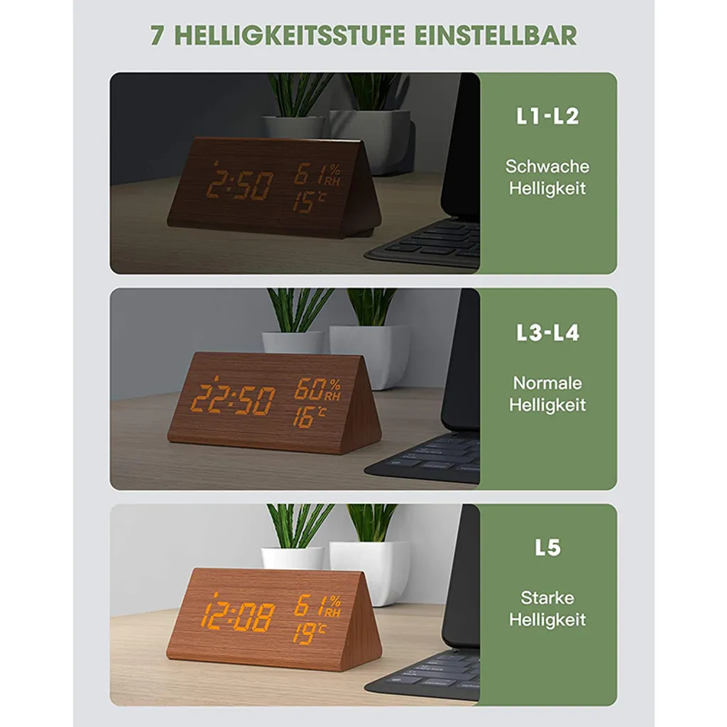 Wecker Digitaler LED Wecker Uhr Holz,mit Sprachsteuerung/Datum/Temperatur Und Luftfeuchtigkeit, Braun 5 Wecker Digitaler LED Wecker Uhr Holz,mit Sprachsteuerung/Datum/Temperatur Und Luftfeuchtigkeit, Braun – Bild 3