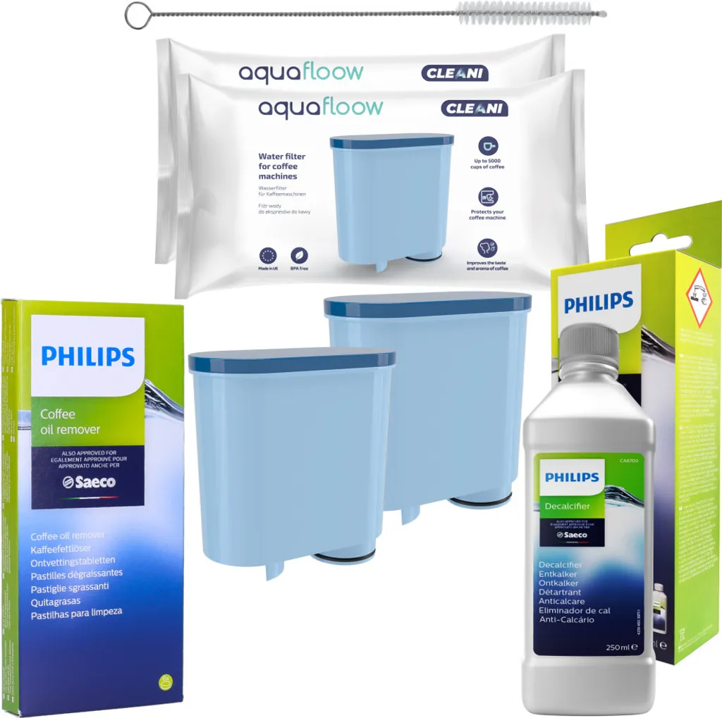 Philips/Saeco Espressomaschinen-Set - 2x AquaFloow Wasserfilter, Philips CA6700 Entkalker, Philips CA6704 Reinigungstabletten, Reinigungstuch 3 Philips/Saeco Espressomaschinen-Set - 2x AquaFloow Wasserfilter, Philips CA6700 Entkalker, Philips CA6704 Reinigungstabletten, Reinigungstuch