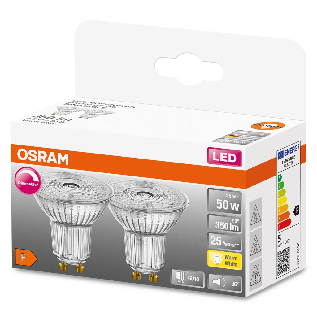 OSRAM Dimmbare PAR16 LED Reflektorlampe Mit GU10 Sockel, Warmweiss (2700K), 36 Grad, Hoher Farbwiedergabeindex Mit CRI90, Ersatz Für Herkömmliche 50W-Glühbirnen, Doppel-Pack 4 OSRAM Dimmbare PAR16 LED Reflektorlampe Mit GU10 Sockel, Warmweiss (2700K), 36 Grad, Hoher Farbwiedergabeindex Mit CRI90, Ersatz Für Herkömmliche 50W-Glühbirnen, Doppel-Pack – Bild 2