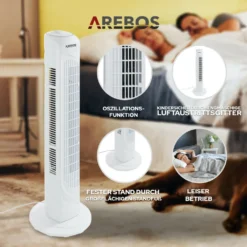 AREBOS Turmventilator, 50 Watt, 60°-Oszillation, 3 Geschwindigkeitsstufen, Ventilator Mit Tragegriff, Weiß, Leise 17 AREBOS Turmventilator, 50 Watt, 60°-Oszillation, 3 Geschwindigkeitsstufen, Ventilator Mit Tragegriff, Weiß, Leise -Smart Kitchen Store e4fcc8fadc03a244242bcf5dce659909