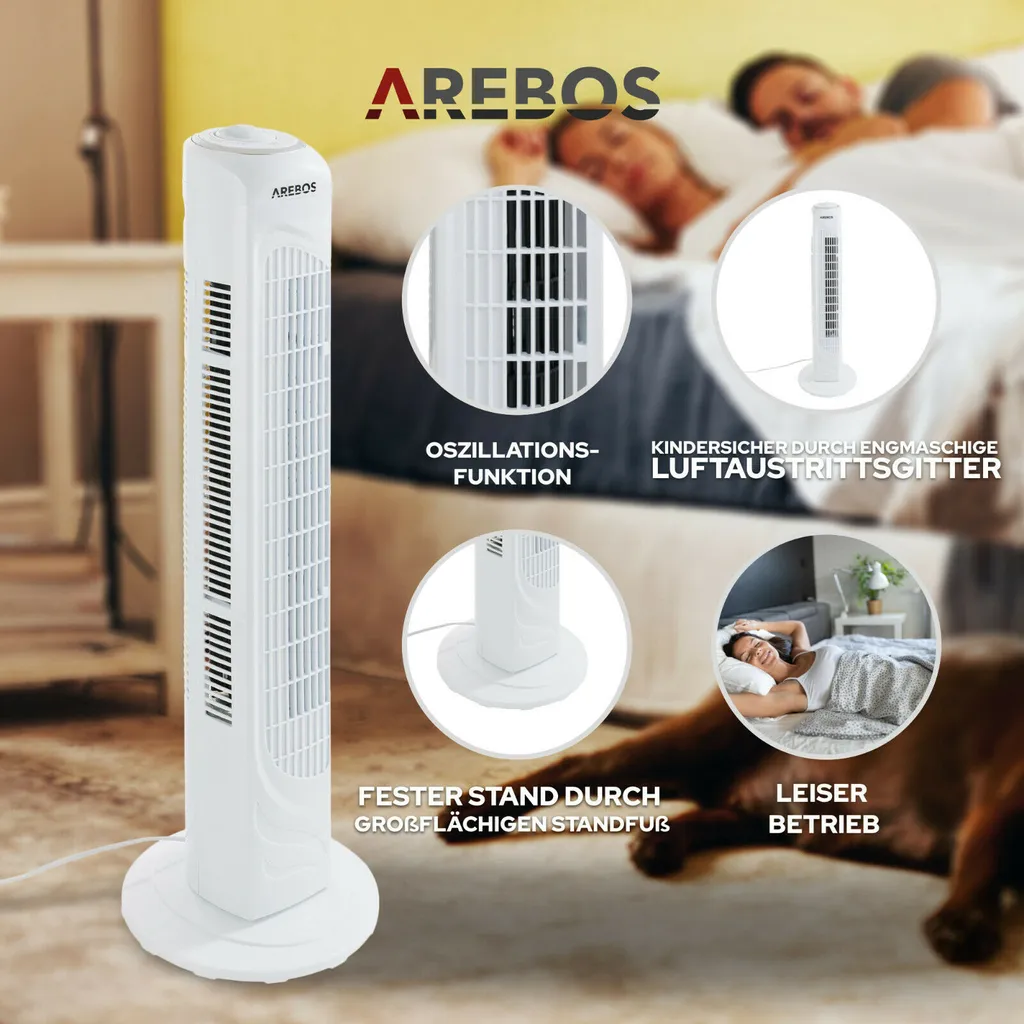 AREBOS Turmventilator, 50 Watt, 60°-Oszillation, 3 Geschwindigkeitsstufen, Ventilator Mit Tragegriff, Weiß, Leise 6 AREBOS Turmventilator, 50 Watt, 60°-Oszillation, 3 Geschwindigkeitsstufen, Ventilator Mit Tragegriff, Weiß, Leise – Bild 4