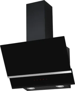 Amica KHF 664 610 S, Kaminhaube, Stripe X, 60 Cm, Schwarzer Glasschirm, Edelstahlstreifen, Max. Gebläseleistung 615 M³h, Energieeffizienzklasse B