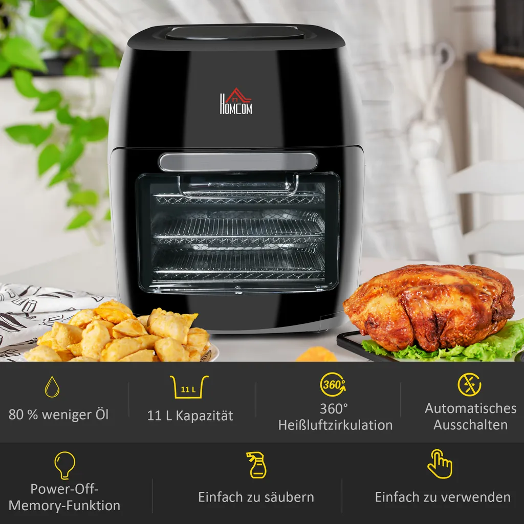 HOMCOM Heißluftfritteuse 11 L 1800W Mit 8 Menüs Zubehör Backofen Dehydrator Barbecue Für Gesundes ölfreies Fettarmes Kochen Stahl Schwarz 32 X 35,6 X 37,9 Cm 8 HOMCOM Heißluftfritteuse 11 L 1800W Mit 8 Menüs Zubehör Backofen Dehydrator Barbecue Für Gesundes ölfreies Fettarmes Kochen Stahl Schwarz 32 X 35,6 X 37,9 Cm – Bild 6