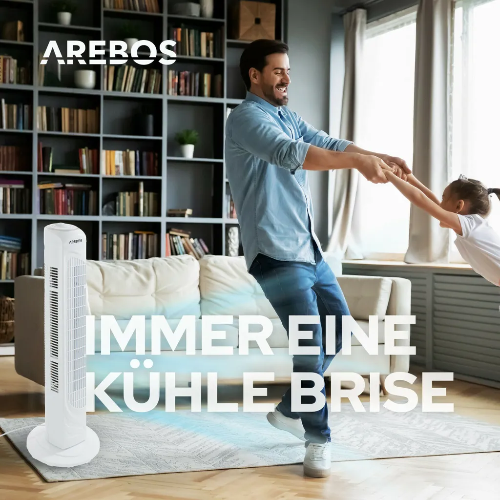 AREBOS Turmventilator, 50 Watt, 60°-Oszillation, 3 Geschwindigkeitsstufen, Ventilator Mit Tragegriff, Weiß, Leise 11 AREBOS Turmventilator, 50 Watt, 60°-Oszillation, 3 Geschwindigkeitsstufen, Ventilator Mit Tragegriff, Weiß, Leise – Bild 9