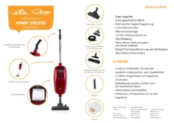 Omega APART DELUXE, Stielstaubsauger ETA243490040, 800 Watt, Mit Beutel, Turbo- Und Parkettbürste, Umschaltbare Bodendüse, Polster- Und Fugendüse -Smart Kitchen Store ee0700eda538f4f1ba8743bdabedd842