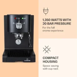 Klarstein Passionata 20 - Espressomaschine, Espresso-Automat, Kaffee-Maschine, 1350 Watt, 1,25 Liter, Automatischer Druckablass, Inkl. Milchschaum Düse Für Zubereitung Von Cappuccino, Schwarz -Smart Kitchen Store ee5d05f7b98b987cdf1a06a65be22e82