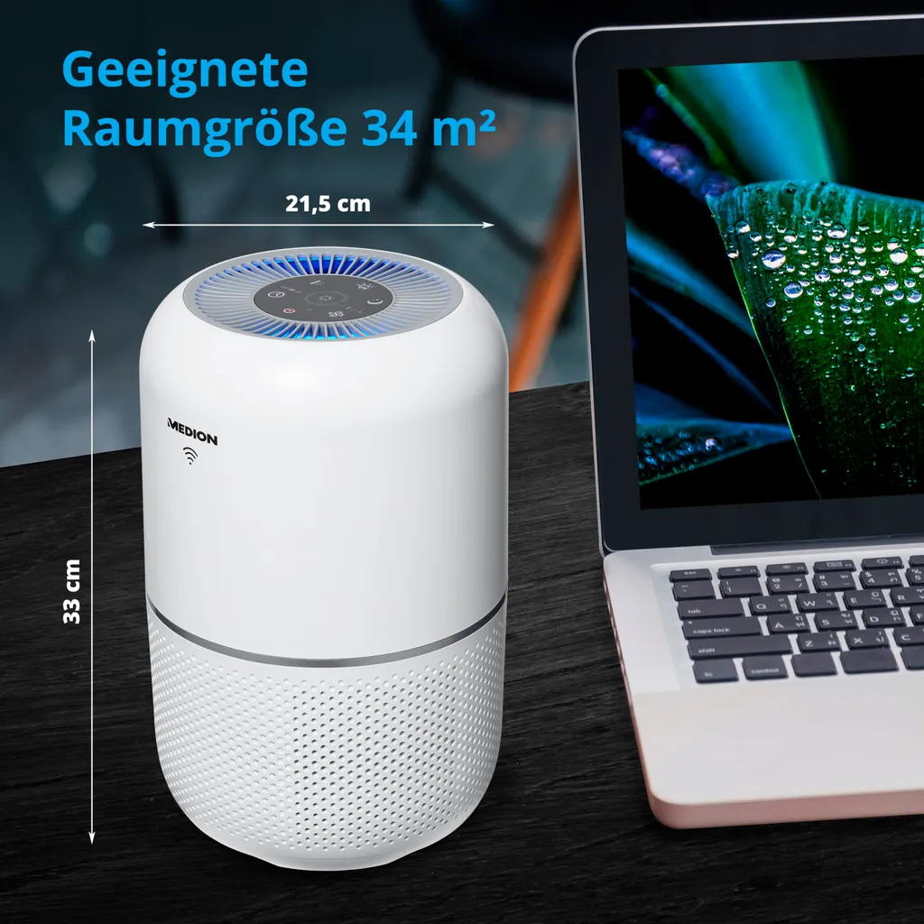 MEDION Smarter Luftreiniger (UV-Licht, HEPA H13 Filter, Reduziert Verunreinigungen Aerosole Pollen Staub Tierhaare, Bis 34 M², Schlaffunktion, App-Steuerung, Luftqualitätsanzeige, 35 Watt, MD 19878) 9 MEDION Smarter Luftreiniger (UV-Licht, HEPA H13 Filter, Reduziert Verunreinigungen Aerosole Pollen Staub Tierhaare, Bis 34 M², Schlaffunktion, App-Steuerung, Luftqualitätsanzeige, 35 Watt, MD 19878) – Bild 7