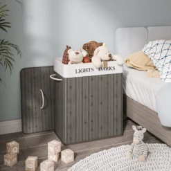 Wäschekorb Aus Bambus, 100 L Wäschesortierer Mit 2 Fächern, Faltbarer Wäschesammler Mit Herausnehmbarem Wäschesack, Rechteckige Wäschebox,Grau