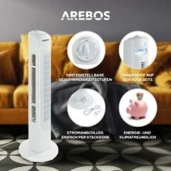 AREBOS Turmventilator, 50 Watt, 60°-Oszillation, 3 Geschwindigkeitsstufen, Ventilator Mit Tragegriff, Weiß, Leise 16 AREBOS Turmventilator, 50 Watt, 60°-Oszillation, 3 Geschwindigkeitsstufen, Ventilator Mit Tragegriff, Weiß, Leise -Smart Kitchen Store f798fb1dc5c7772a3391cf4d8c2647be