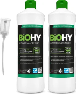 BiOHY Ultraschallreiniger (2x1l Flasche) + Dosierer | Intensive Und Materialschonende Reinigung Von Brillen, Dentalprodukte, Gold, Münzen Und Schmuck| KONZENTRAT Für Ultraschallbad