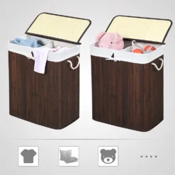 SONGMICS Wäschekorb Aus Bambus, Wäschesammler Mit 2 Fächern, Wäschesortierer Mit Deckel Und Herausnehmbarem Wäschesack, Tragegriffe Aus Baumwolle, 100 L Wäschebox, Braun LCB72Z -Smart Kitchen Store ff1fc0f22874f58ed5248d32f02fc159