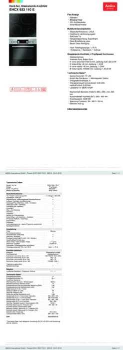 Amica EHCX 933 110 E, Herd-Set, Glaskeramik-Kochfeld, Fine Design, Edelstahl, XXL-Großbackofen, Energieeffizienzklasse A -Smart Kitchen Store ff96c869d415009daf1fdaa6f9a3688b